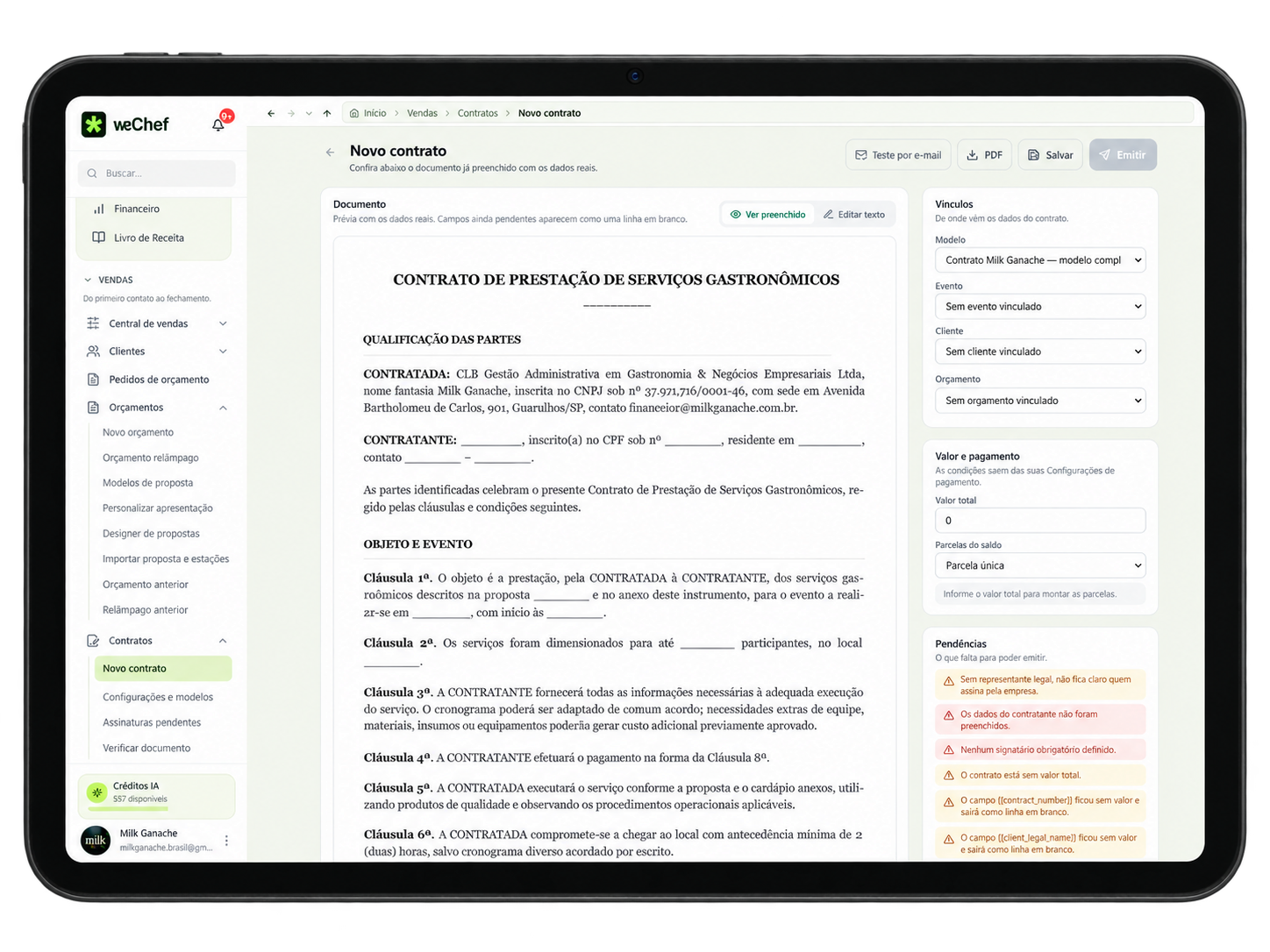 Criação de contratos da weChef exibida em um tablet