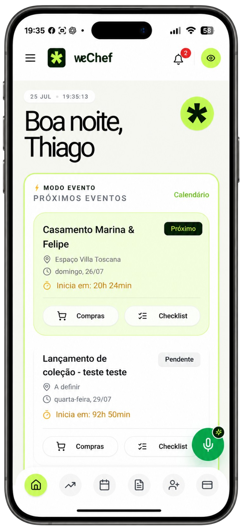 Dashboard da weChef em Modo Evento no celular
