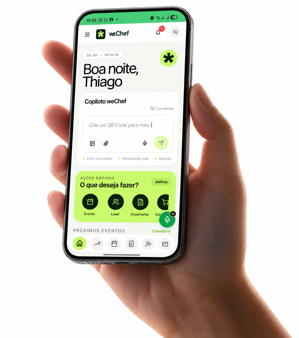 weChef aberta no celular durante um evento, com o Copiloto e as ações rápidas na tela