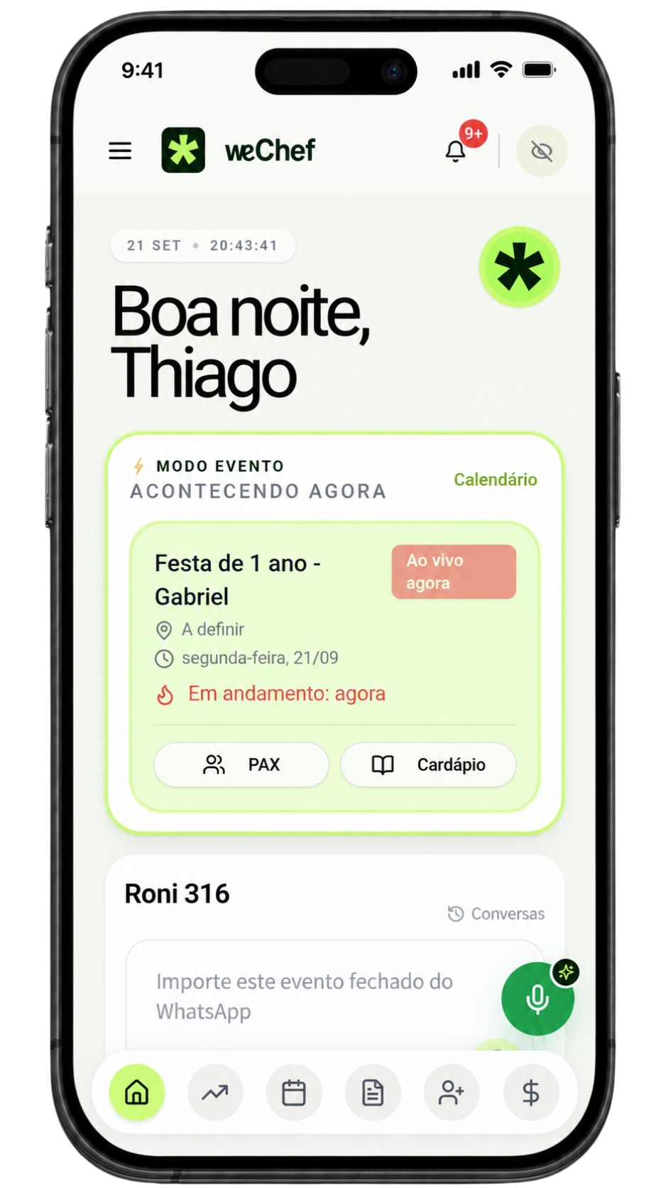 Painel do dia da weChef no celular
