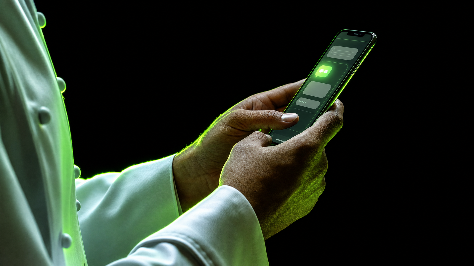 Chef revisando briefing de evento no smartphone com interface de IA