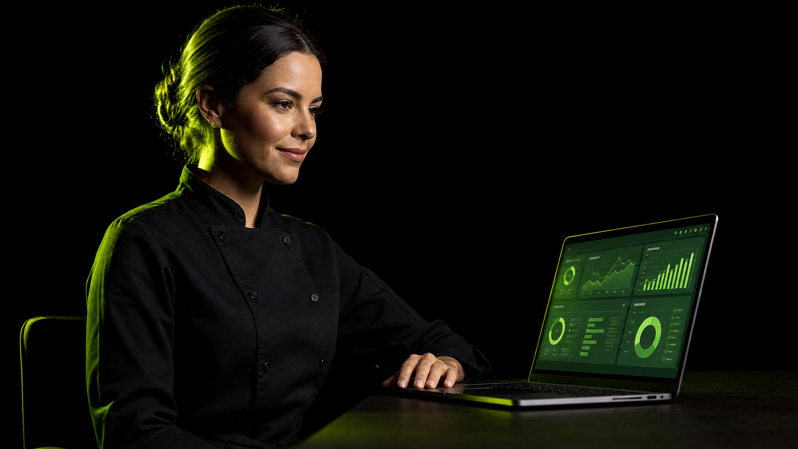 Gestora de eventos analisando dashboard de IA para buffet