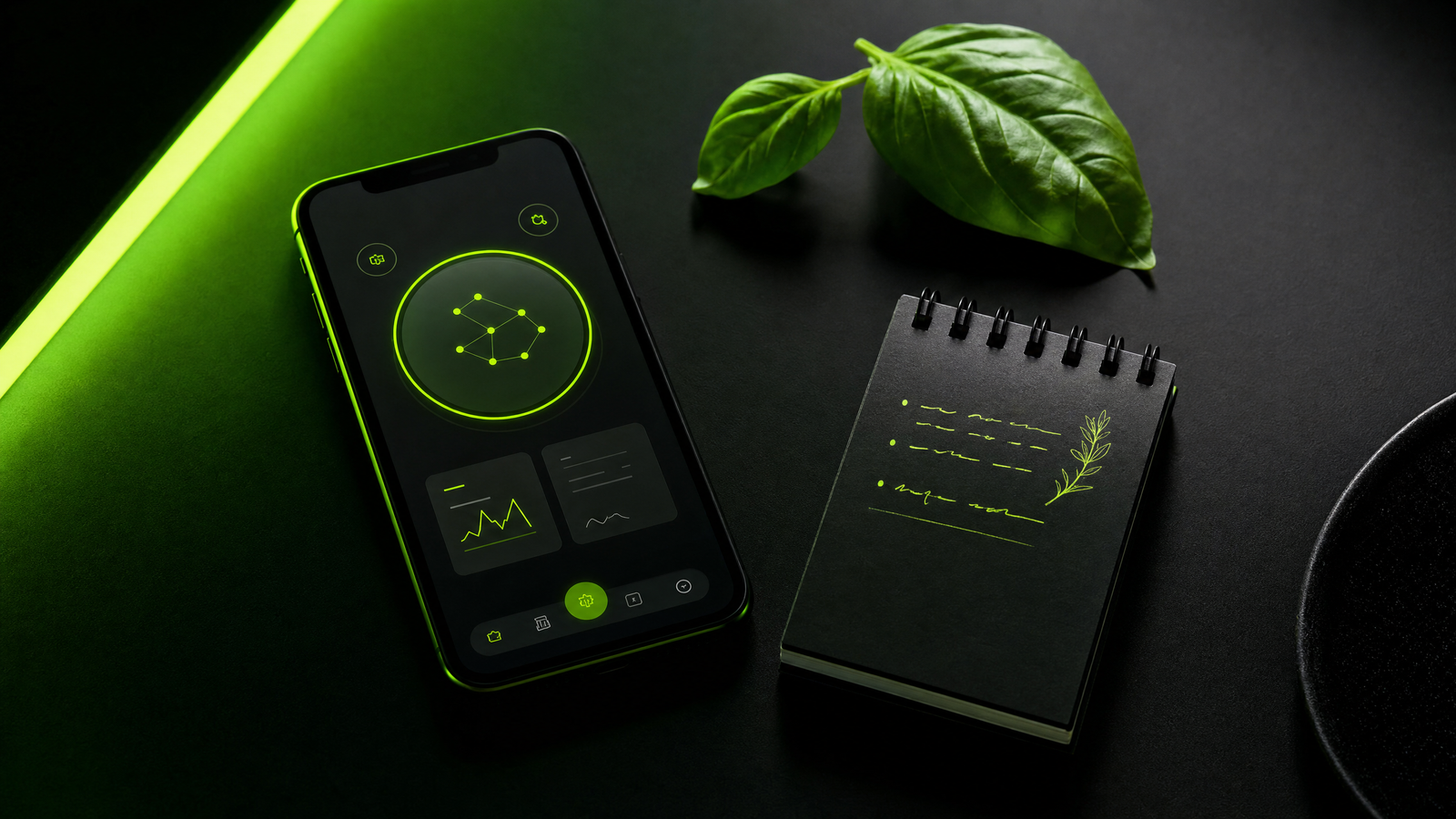 Smartphone com app de gestão gastronômica ao lado de caderno e manjericão